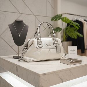 Coach Silver Metallic & White Leather Satchel Medium